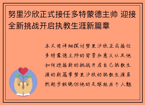 努里沙欣正式接任多特蒙德主帅 迎接全新挑战开启执教生涯新篇章 努里沙欣正式接任多特蒙德主帅 迎接全新挑战开启执教生涯新篇章