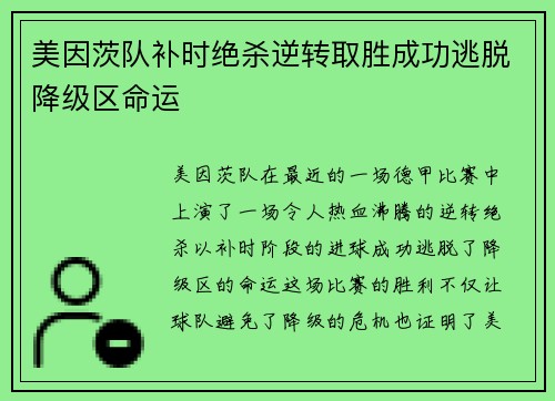 美因茨队补时绝杀逆转取胜成功逃脱降级区命运